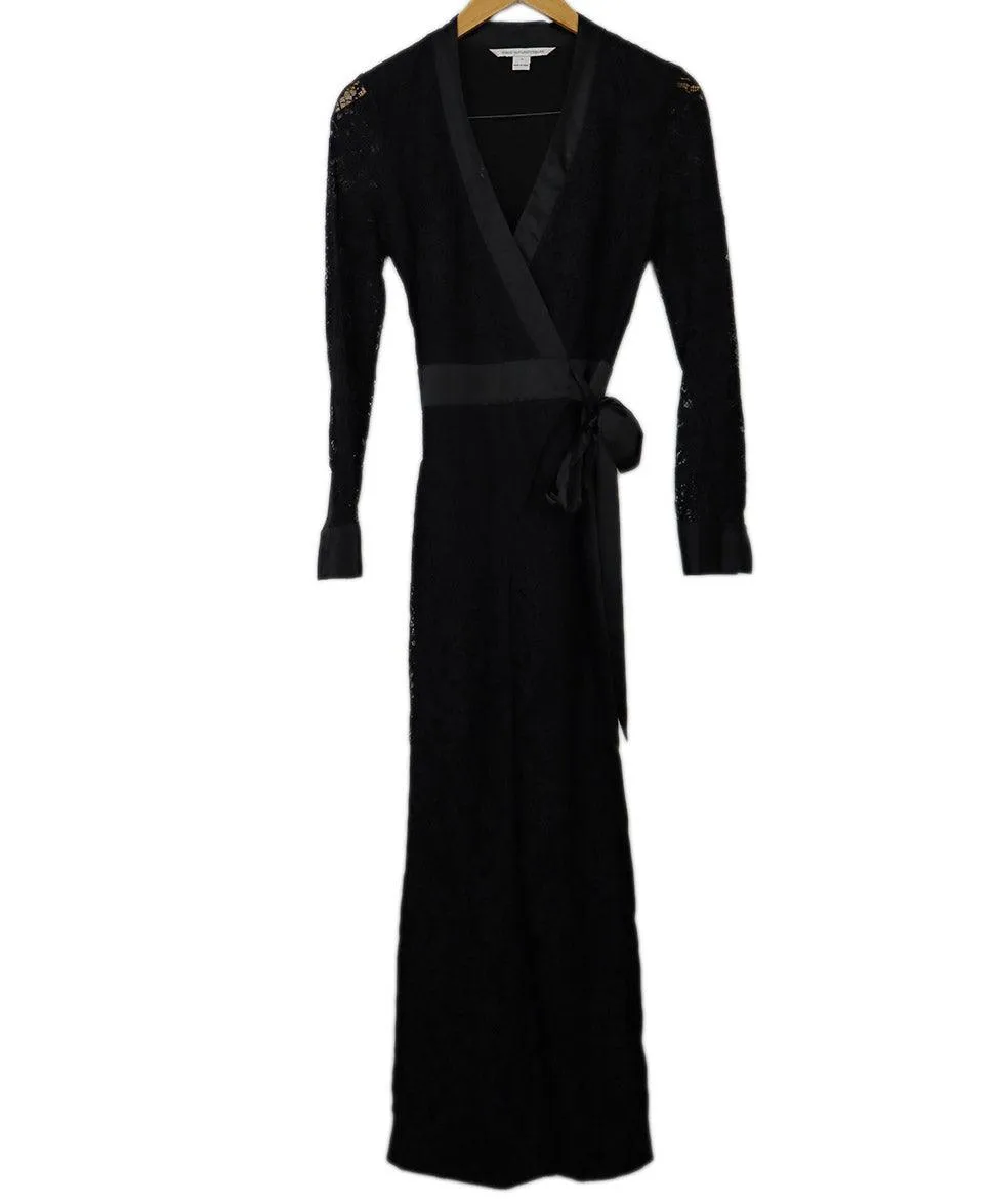 DVF Black Lace & Satin Trim Jumpsuit sz 0