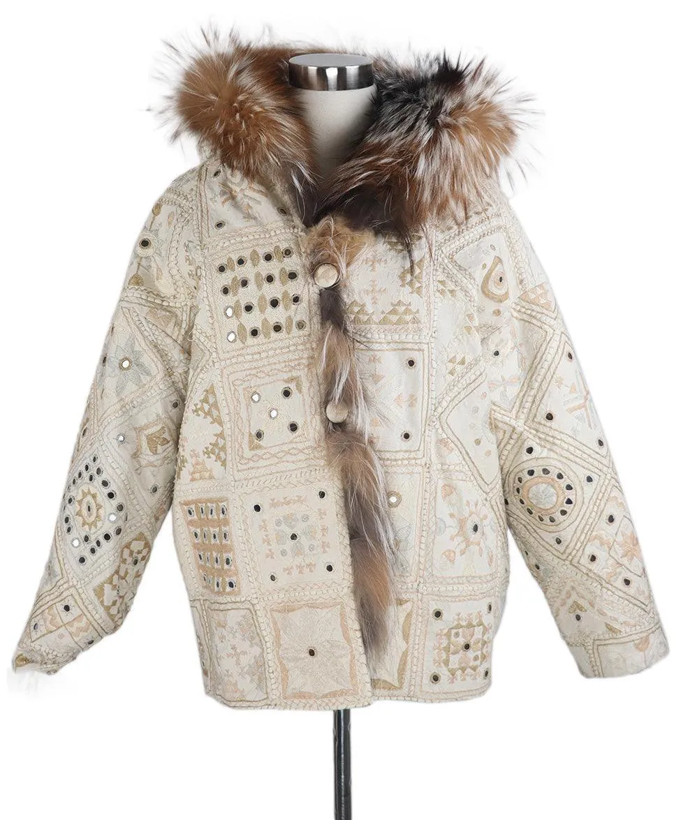 Simonetta Ravizza Ivory Embroidered Fox Fur Jacket sz 4