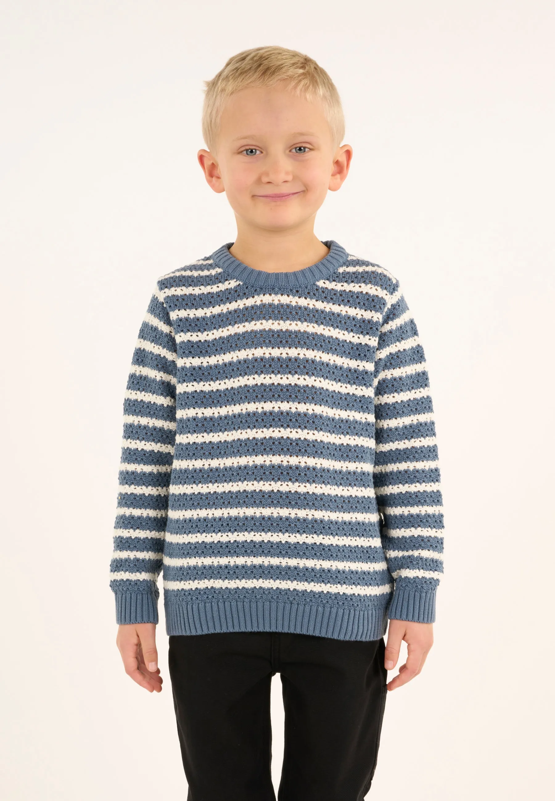 Striped eyelet crew neck knit - China Blue Knowledge Cotton